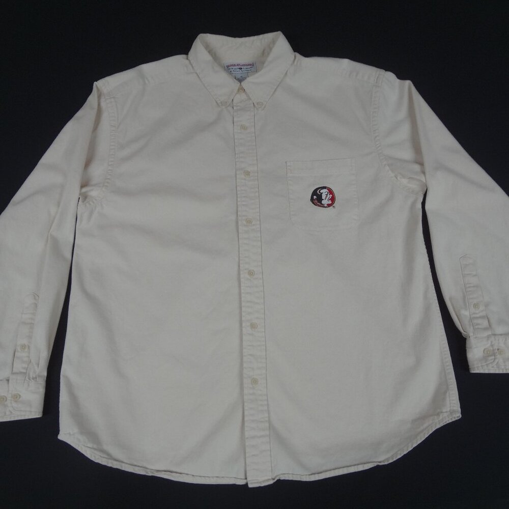 FSU SEMINOLES FLORIDA ST BUTTON UP TAN OFF WHITE DENIM MENS XL SHIRT K939 (SPOT)
